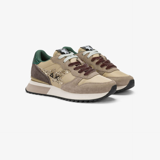 Sneaker Stargirl Glitter in nylon e suede beige scuro
