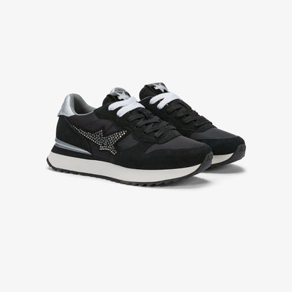 Sneaker Stargirl in suede e nylon con strass nero