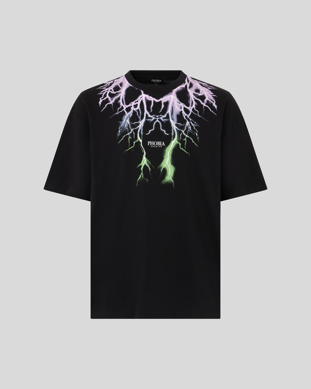 BLACK T-SHIRT WITH BICOLOR PURPLE-GREEN LIGHTNING PRINT