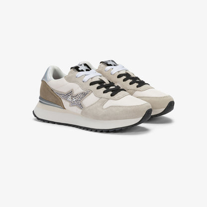 Sneaker Stargirl in suede e nylon con strass bianco panna