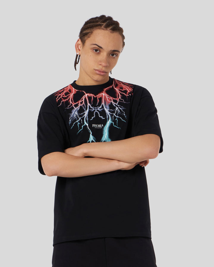 BLACK T-SHIRT WITH BICOLOR RED-BLUE LIGHTNING PRINT