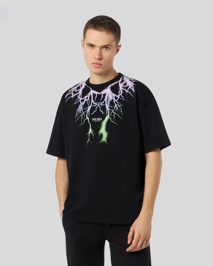 BLACK T-SHIRT WITH BICOLOR PURPLE-GREEN LIGHTNING PRINT