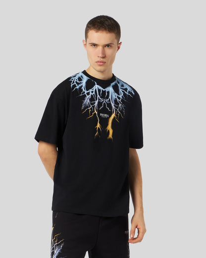 BLACK T-SHIRT WITH BICOLOR BLUE-YELLOW LIGHTNING PRINT