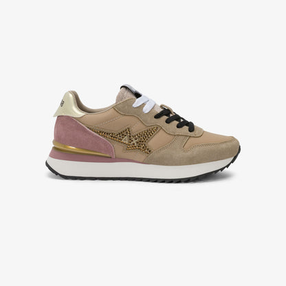 Sneaker Stargirl in suede e nylon con strass beige scuro