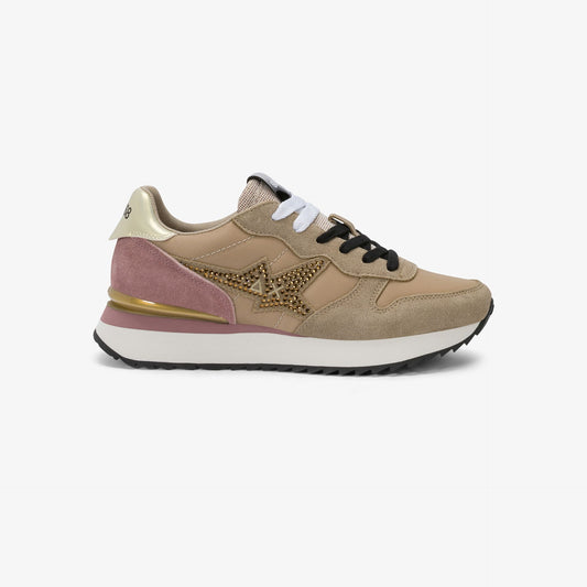 Sneaker Stargirl in suede e nylon con strass beige scuro