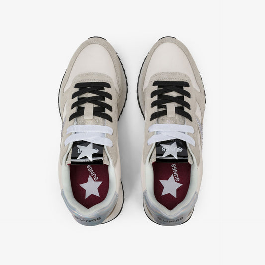 Sneaker Stargirl in suede e nylon con strass bianco panna