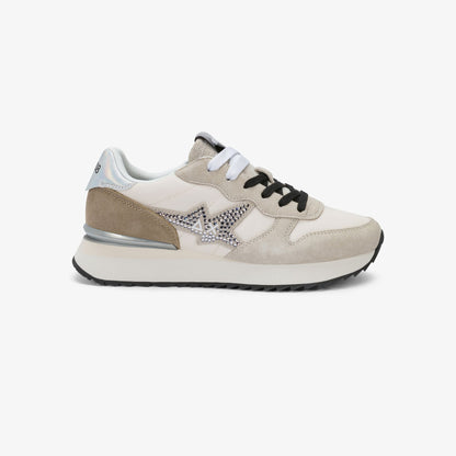 Sneaker Stargirl in suede e nylon con strass bianco panna