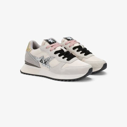 Sneaker Stargirl Glitter in nylon e suede bianco panna